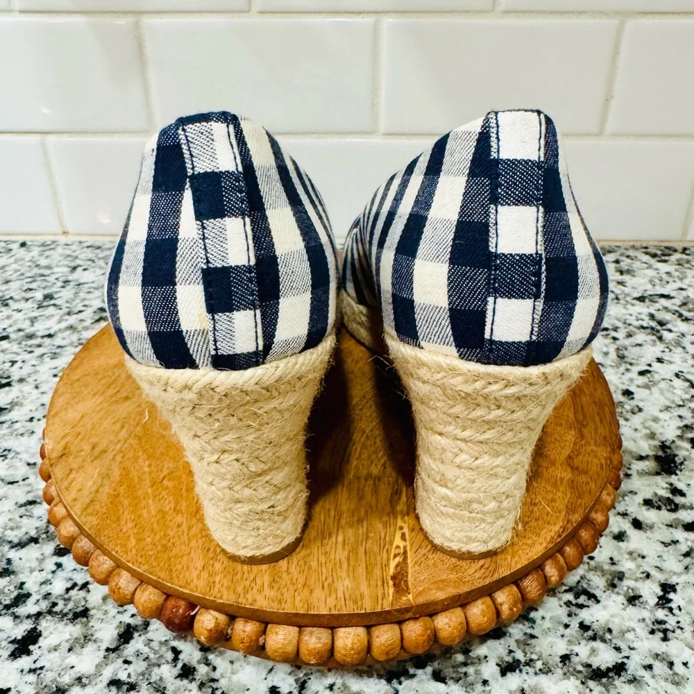 J. Crew Navy‎ and White Gingham Wedge Espadrilles